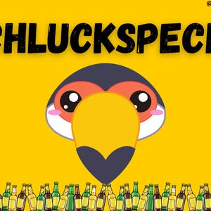 May include: A cartoon toucan with a large orange beak is looking at the viewer. The toucan is surrounded by a yellow background and a row of beer bottles at the bottom of the image. The text "SCHLUCKSPECHT" is at the top of the image.