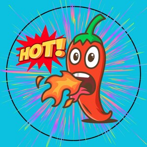 May include: A cartoon red chili pepper with a green stem and a face is blowing fire. The chili pepper has large eyes and a wide open mouth. The background is a blue circle with a white starburst pattern. The text "HOT!" is in a red speech bubble.