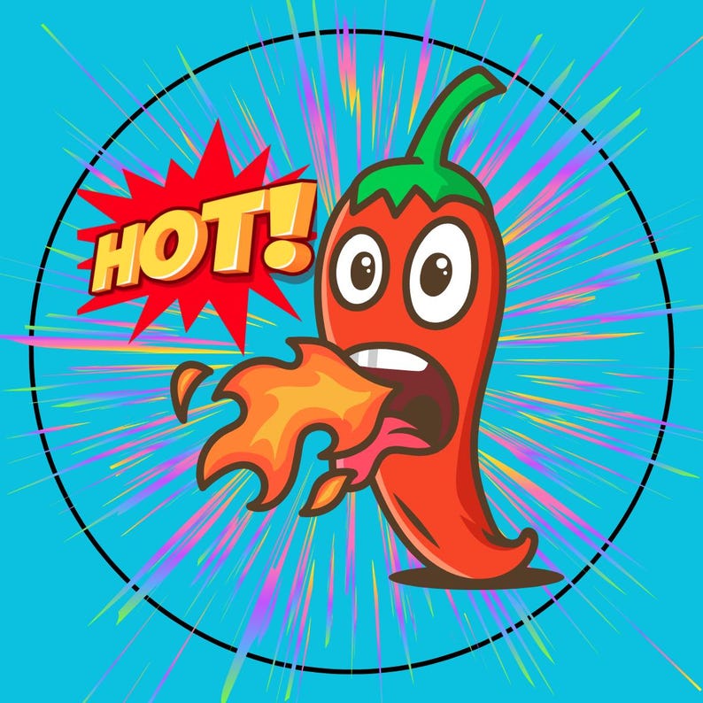May include: A cartoon red chili pepper with a green stem and a face is blowing fire. The chili pepper has large eyes and a wide open mouth. The background is a blue circle with a white starburst pattern. The text "HOT!" is in a red speech bubble.