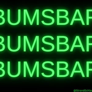 May include: Neon green sign with the text "BUMSBAR" repeated three times. A small palm tree with a coconut is in the bottom right corner of the image.