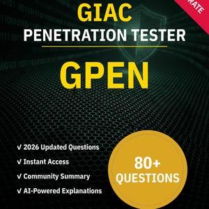 May include: A study guide for the GIAC Penetration Tester (GPEN) exam, featuring a dark background and yellow text. The cover includes the text "NOTJUSTEXAM" and a red banner with "90%+ PASS RATE". Includes updated questions and instant access.