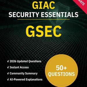 May include: A book cover with the title "GIAC Security Essentials GSEC" in white and yellow text. The cover includes a shield graphic and a red banner with "90%+ PASS RATE." Additional text highlights features like updated questions and AI-powered explanations.