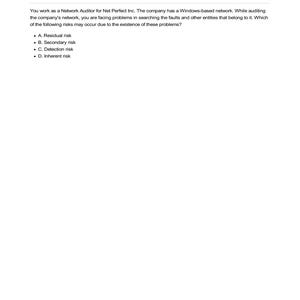 CSSLP Question Bank - Network Audit Problem: Detection Risk. Study material example featuring a multiple-choice question about identifying network faults and associated risks (residual, secondary, detection, and inherent). Page 3 of 430.