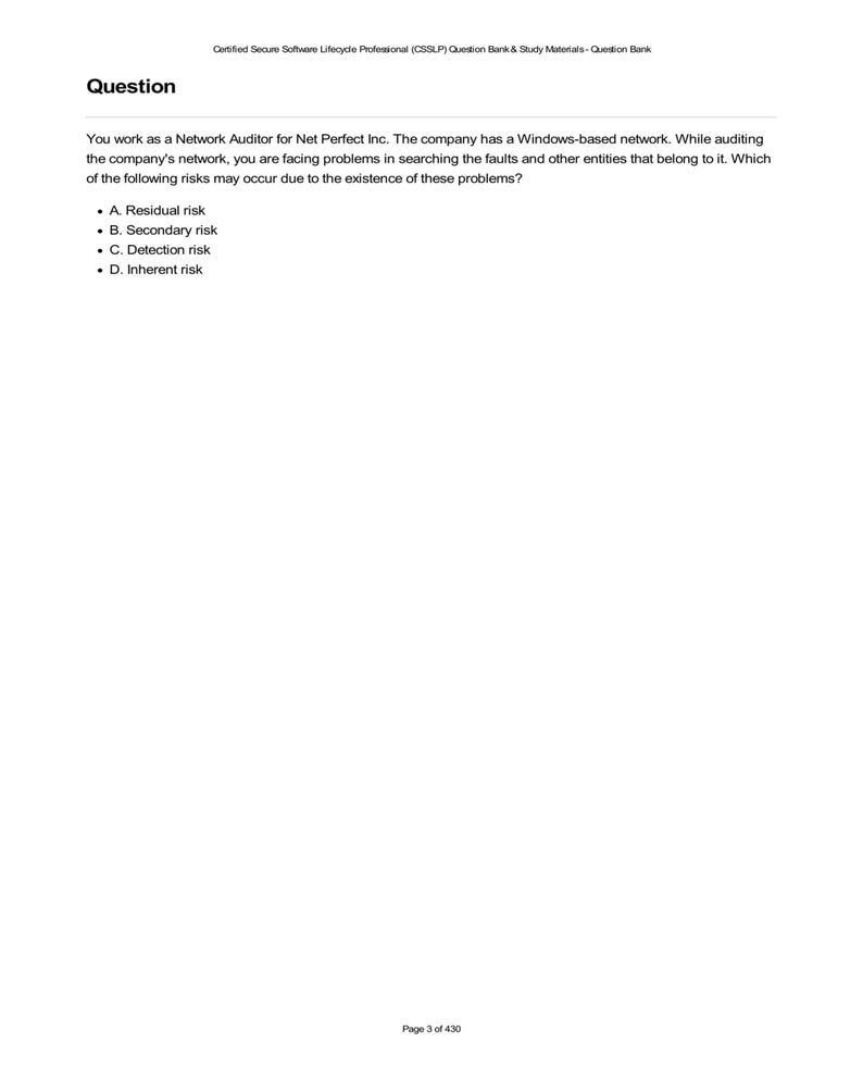 CSSLP Question Bank - Network Audit Problem: Detection Risk. Study material example featuring a multiple-choice question about identifying network faults and associated risks (residual, secondary, detection, and inherent). Page 3 of 430.