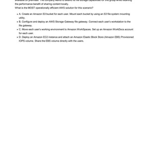 AWS Certified Cloud Practitioner Question Bank - File Storage Solution. Image shows a practice question about extending file storage for users with large files while maintaining local performance. Options include S3 buckets, AWS Storage Gateway, Amazon WorkSpaces/WorkDocs, and EC2/EBS volume.