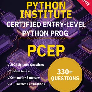 May include: A book cover with the title "PYTHON INSTITUTE CERTIFIED ENTRY-LEVEL PYTHON PROG" in yellow and white text. The cover includes the acronym "PCEP" and a gold circle with "330+ QUESTIONS". The background is dark purple with circuit board designs.