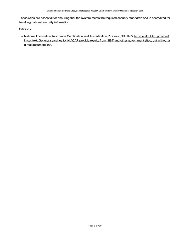 CSSLP Question Bank & Study Materials. Excerpt discusses security roles and accreditation for handling national security information, citing NIACAP.