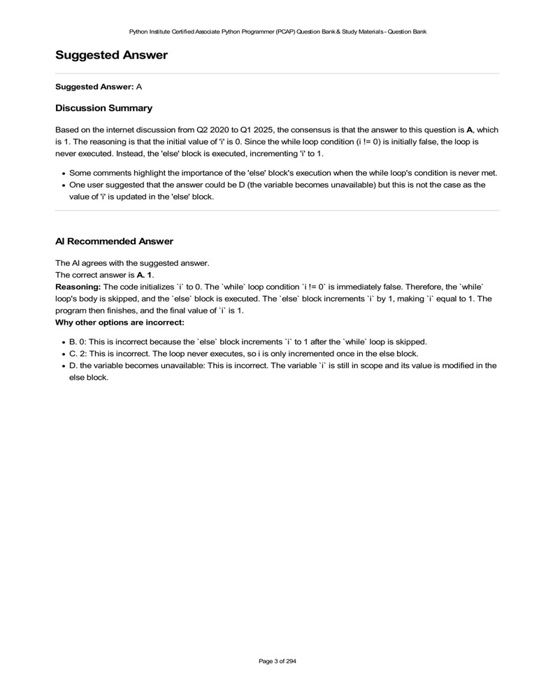 Python PCAP exam question bank. Image shows a suggested answer for a Python Institute Certified Associate Python Programmer (PCAP) question, with AI-recommended reasoning and discussion summary explaining why the correct answer is A (1). Explanations provided for why other options are incorrect.