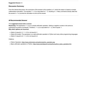 Python PCAP exam question example. Question Bank excerpt showing a solved problem: 1 + (-2) = -1. Includes reasoning, citations, and explanation of incorrect answers.