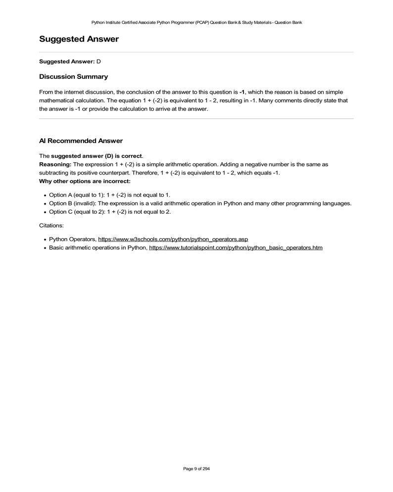 Python PCAP exam question example. Question Bank excerpt showing a solved problem: 1 + (-2) = -1. Includes reasoning, citations, and explanation of incorrect answers.