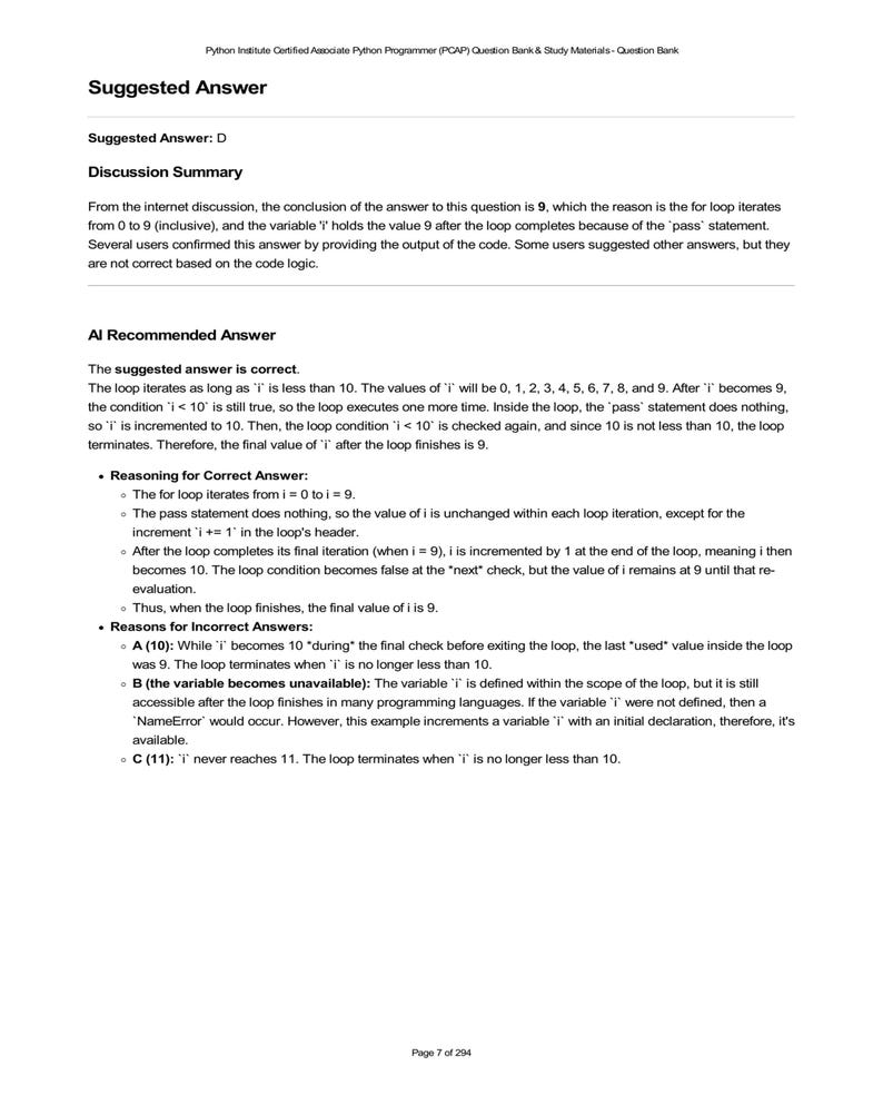 Python PCAP question bank example. Code discussion with suggested answer "9". Explains loop logic, pass statement, and reasoning for correct/incorrect answers about variable "i". Study materials for Python Institute Certified Associate Programmer.