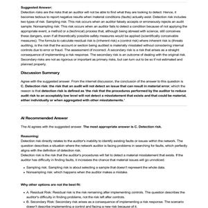 CSSLP Question Bank: Understanding Detection Risk. Image shows explanation of detection risk, sampling risk, nonsampling risk, and why detection risk is the best answer in this scenario. Includes reasoning and discussion summary. Great for studying Certified Secure Software Lifecycle Professional exam.