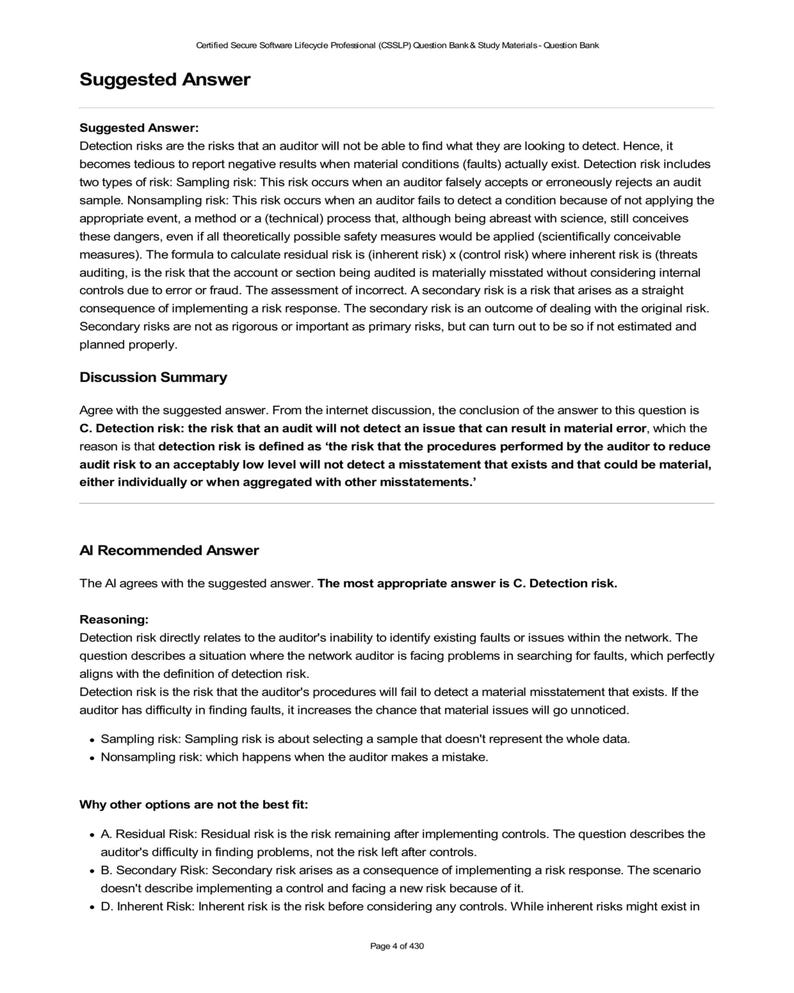 CSSLP Question Bank: Understanding Detection Risk. Image shows explanation of detection risk, sampling risk, nonsampling risk, and why detection risk is the best answer in this scenario. Includes reasoning and discussion summary. Great for studying Certified Secure Software Lifecycle Professional exam.