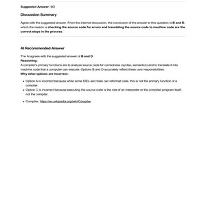 PCAP exam question discussion. Suggested answer BD is verified by AI due to compiler roles: checking source code for errors and translating to machine code. Compiler definition link provided.