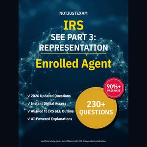 Op de afbeelding: Een studiegids-omslag getiteld NOTJUSTEXAM IRS SEE PART 3: REPRESENTATION Enrolled Agent. Het heeft een donkerblauwe achtergrond met een digitaal netwerkgrafiek, een gele cirkel met 230+ QUESTIONS en een rode badge 90%+ PASS RATE.