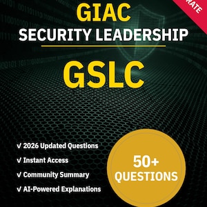 May include: An image promoting a study guide for "GIAC Security Leadership (GSLC)". The design uses white and yellow text on a dark background. Key features include "2026 Updated Questions" and "50+ QUESTIONS". The text "90%+ PASS RATE" is also visible.