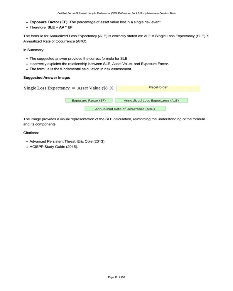 CSSLP study material showing the formula for Single Loss Expectancy (SLE): SLE = Asset Value x Exposure Factor. Explains SLE, Annualized Loss Expectancy (ALE), and Annualized Rate of Occurrence (ARO). Risk assessment formula.