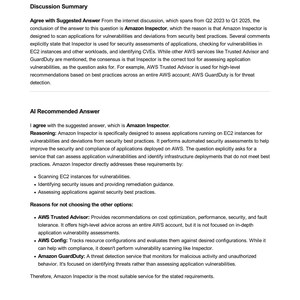 AWS Certified Cloud Practitioner Question Bank excerpt. Shows a suggested answer of Amazon Inspector, supported by discussion summaries and AI reasoning, for assessing application vulnerabilities on EC2 instances. Page 6 of 1513.