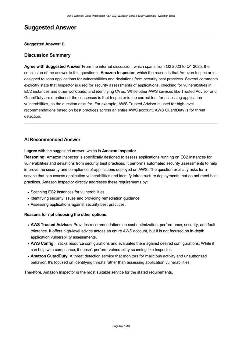 AWS Certified Cloud Practitioner Question Bank excerpt. Shows a suggested answer of Amazon Inspector, supported by discussion summaries and AI reasoning, for assessing application vulnerabilities on EC2 instances. Page 6 of 1513.