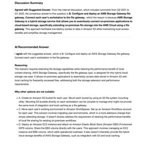 AWS Certified Cloud Practitioner (CLF-C02) Question Bank & Study Materials. Discussion of suggested answer B, configuring and deploying an AWS Storage Gateway file gateway. Explanation of why it's the best solution for hybrid cloud storage use case and local caching. Reasoning against other options like Amazon S3, WorkSpaces, and EC2 instance with EBS volume.