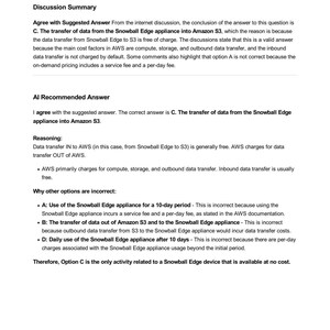 AWS Cloud Practitioner exam question discussion: Free data transfer from Snowball Edge to S3. Study material excerpt explaining why inbound data transfer is free & other options incur costs. CLF-C02 question bank.
