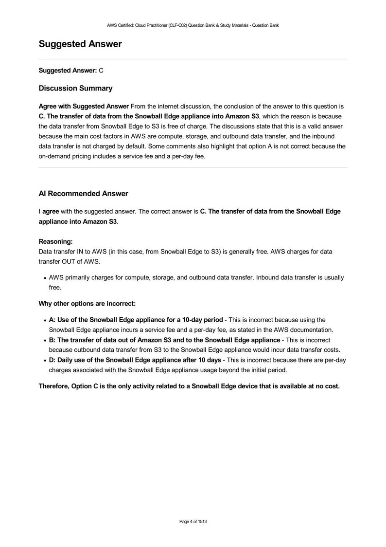 AWS Cloud Practitioner exam question discussion: Free data transfer from Snowball Edge to S3. Study material excerpt explaining why inbound data transfer is free & other options incur costs. CLF-C02 question bank.