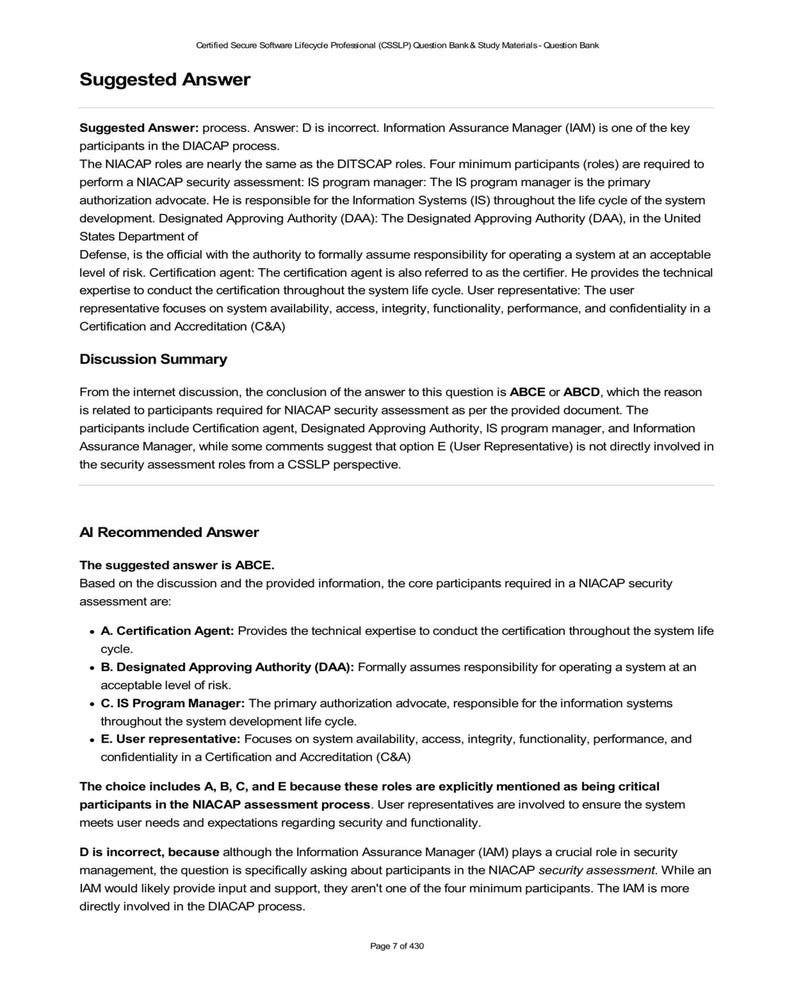 CSSLP Question Bank: NIACAP Security Assessment Participants. Study materials excerpt discussing roles like Certification Agent, Designated Approving Authority (DAA), IS Program Manager, and User Representative. Highlights key participants and rationale for choosing ABCE as the suggested answer.