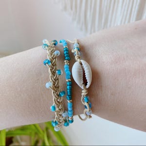 Coastal braided macramé and seed bead bracelet set blue coastal jewelry woven ocean beach summer bracelet stack nautical beachy