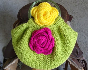 Handmade Crochet Bag Purse Lime Green Cotton Fat Bottom Bag