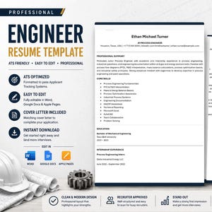 Op de afbeelding: Een professionele engineer cv-sjabloon met de titel "ENGINEER RESUME TEMPLATE" in marineblauw en goud. De sjabloon is ATS-vriendelijk, gemakkelijk te bewerken en bevat een sollicitatiebrief. Het ontwerp is strak en modern, met een door recruiters goedgekeurde lay-out.