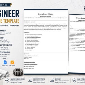 May include: A professional engineer resume template featuring a clean layout with sections for professional summary, core skills, education, and internship experience. The document includes a matching cover letter and is formatted for applicant tracking systems.
