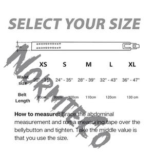 Peut inclure: Image avec texte "SELECT YOUR SIZE" et un tableau des tailles de ceintures. Les tailles vont de XS &agrave; XL, avec des tailles de taille de 51 cm &agrave; 119 cm et des longueurs de ceinture de 80 cm &agrave; 130 cm. Instructions de mesure incluses.
