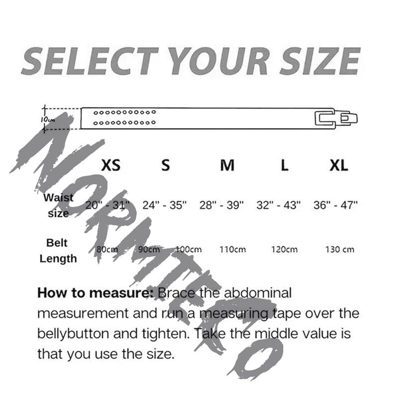 Peut inclure: Image avec texte "SELECT YOUR SIZE" et un tableau des tailles de ceintures. Les tailles vont de XS &agrave; XL, avec des tailles de taille de 51 cm &agrave; 119 cm et des longueurs de ceinture de 80 cm &agrave; 130 cm. Instructions de mesure incluses.