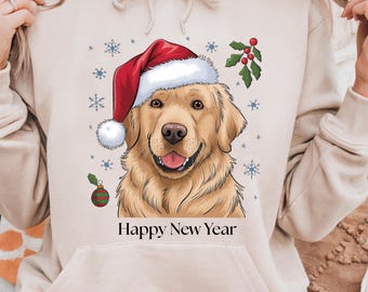 Kerst Golden Retriever PNG, schattige hond met kerstmuts, vakantie huisdier sublimatie ontwerp, feestelijke puppy clipart voor kerstcadeaus
