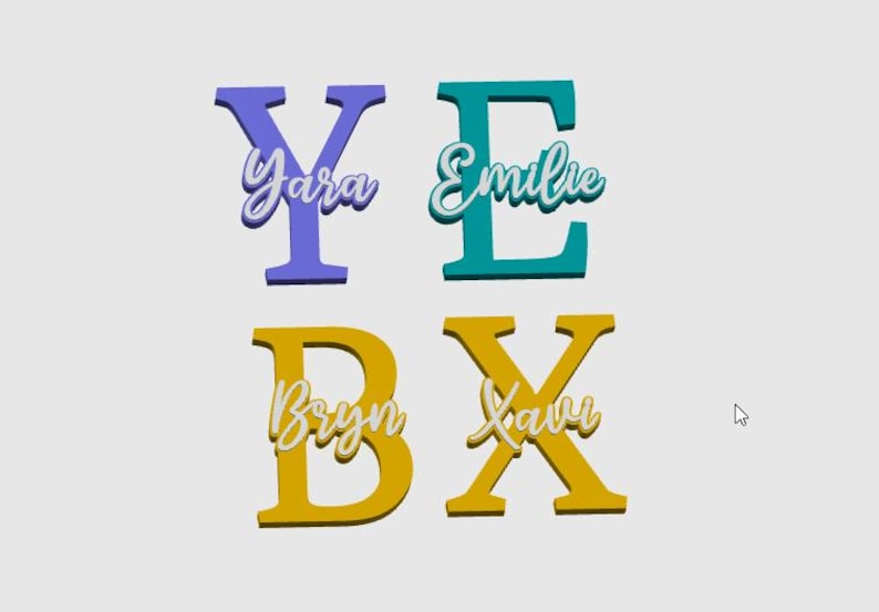 May include: Four colorful wooden letters: Y, E, B, and X. Each letter has a name written in cursive. The letter Y is purple with "Yara" in white. The letter E is teal with "Emilie" in white.
