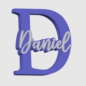 May include: A 3D-rendered, periwinkle-colored letter "D" with the name "Daniel" in a cursive, light gray font overlaid on the letter. The design has a slight shadow effect, giving it a three-dimensional appearance. The background is a plain, light gray.