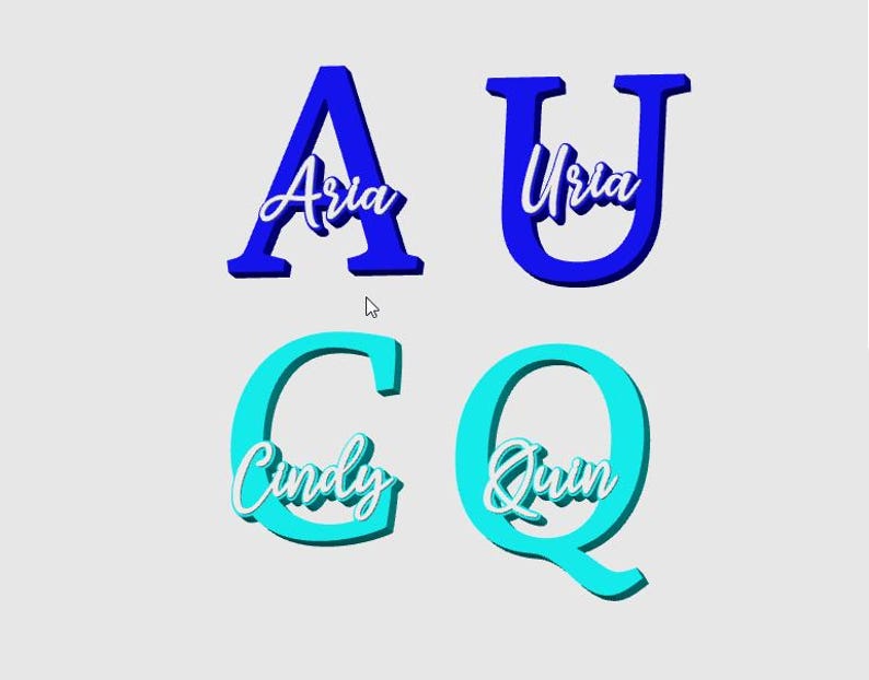 May include: Four individual letters: A, U, C, and Q. Each letter is a different color. The letter A is blue with the name "Aria" in white script. The letter U is blue with the name "Uria" in white script. The letter C is teal with the name "Cindy" in white script. The letter Q is teal with the name "Quinn" in white script.