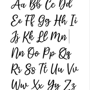 May include: A white background displays a black, handwritten cursive alphabet. Uppercase and lowercase letters are arranged in rows, showcasing the full range from Aa to Zz. The elegant script is suitable for various design projects.