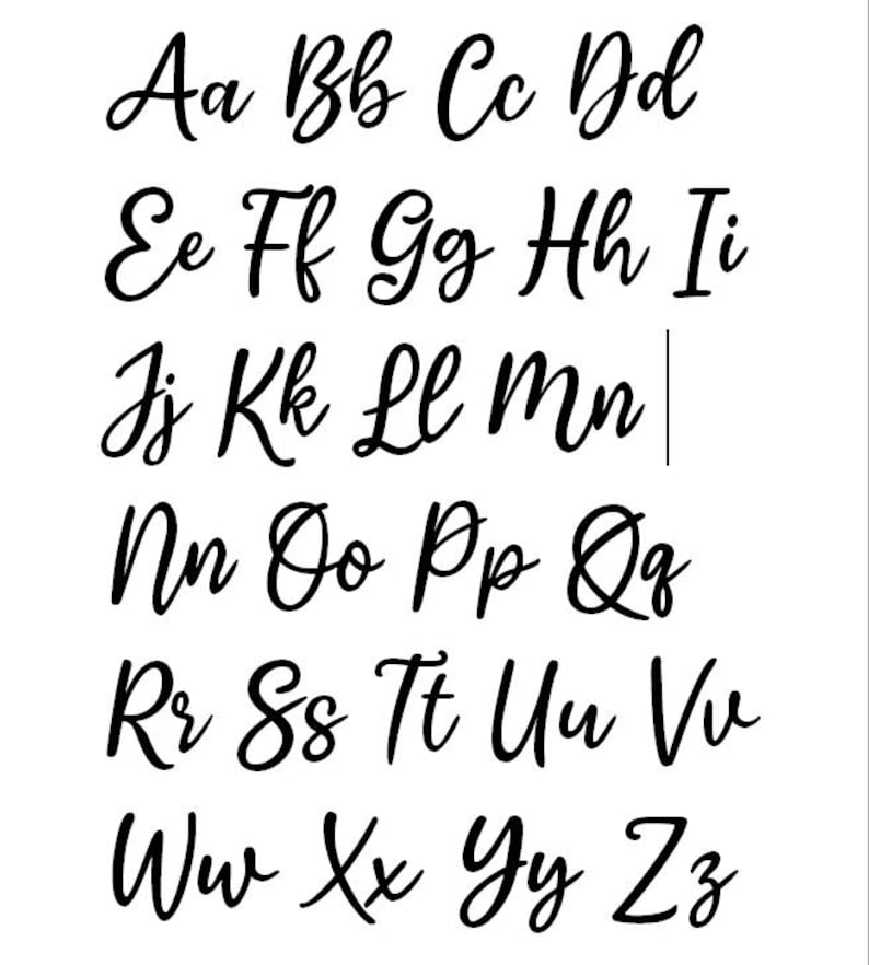 May include: A white background displays a black, handwritten cursive alphabet. Uppercase and lowercase letters are arranged in rows, showcasing the full range from Aa to Zz. The elegant script is suitable for various design projects.