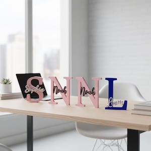 Puede incluir: Recortes de letras de madera que deletrean nombres, incluyendo "Sophia", "Noah" y "Liam". Las letras son rosas y azules, con los nombres en un color contrastante. Las letras se muestran en un escritorio de madera.