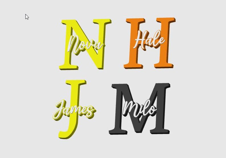 May include: Four colorful wooden letters: yellow "N" with "Nova", orange "H" with "Hale", yellow "J" with "James", and black "M" with "Milo". Each letter has a 3D effect and a cursive name overlay.