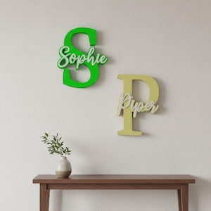Può includere: Due decorazioni da parete in legno a forma di lettere "S" e "P". La lettera "S" è verde con il nome "Sophie" in corsivo verde chiaro. La lettera "P" è gialla con il nome "Piper" in corsivo bianco.