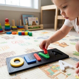 May include: A black wooden puzzle featuring the name "OLIVIA" in bright, chunky letters. A child is placing the red "V" into the puzzle. Other wooden toys are visible in the background.