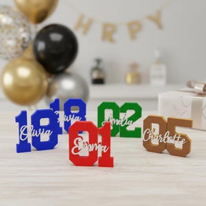 May include: A collection of colorful, numbered table decorations with names, perfect for a birthday. The numbers are in blue, red, green, and brown. Balloons and a banner that says "HAPPY" are in the background.