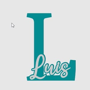 May include: A teal-colored letter "L" with the name "Luis" in a cursive font. The name is in a lighter shade of gray. The design is set against a light gray background. This personalized item is suitable for home decor or gifts.
