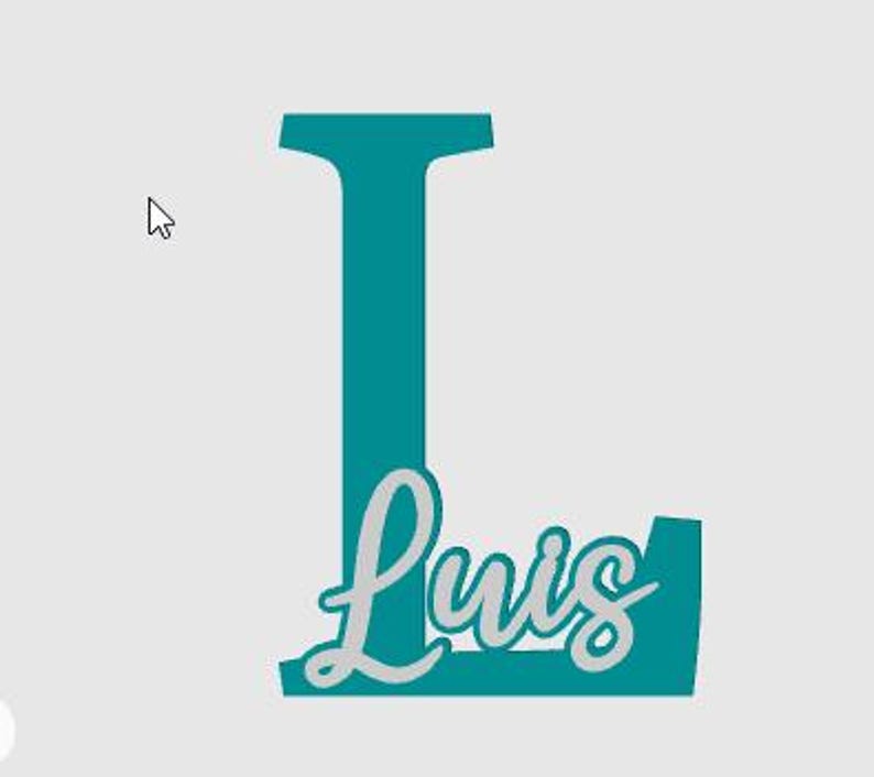 May include: A teal-colored letter "L" with the name "Luis" in a cursive font. The name is in a lighter shade of gray. The design is set against a light gray background. This personalized item is suitable for home decor or gifts.