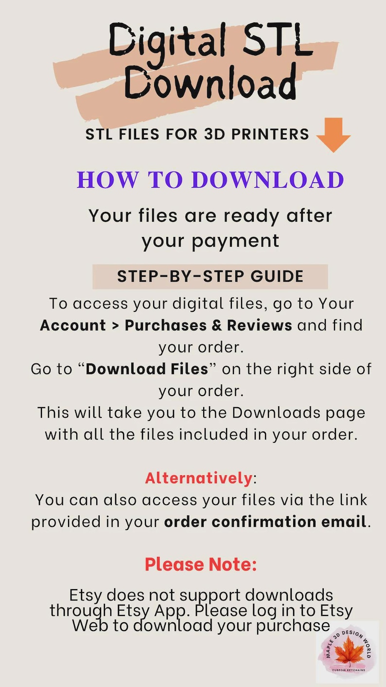 May include: A digital download guide for STL files for 3D printers. The image provides instructions on how to download files after purchase, including accessing files through the Etsy account and order confirmation email. It also notes that Etsy App does not support downloads.