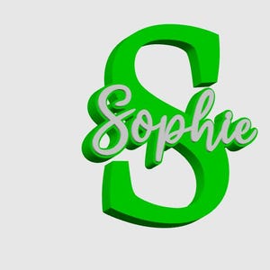 May include: A 3D rendering of the name "Sophie" in white script, layered over a large, bright green letter "S". The design has a slight shadow effect, creating a sense of depth against a plain white background.