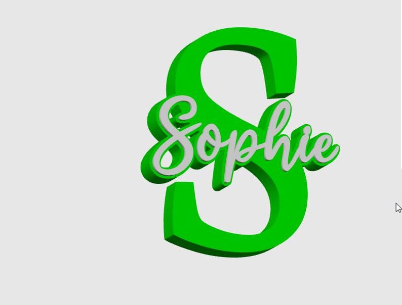 May include: A 3D rendering of the name "Sophie" in white script, layered over a large, bright green letter "S". The design has a slight shadow effect, creating a sense of depth against a plain white background.