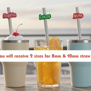 Puede incluir: Tres bebidas, cada una con una pajita y una etiqueta con nombre. Las etiquetas dicen "Sophia", "Lucas" y "Mike". También es visible el texto "You will receive 2 sizes for 8mm & 10mm straw".